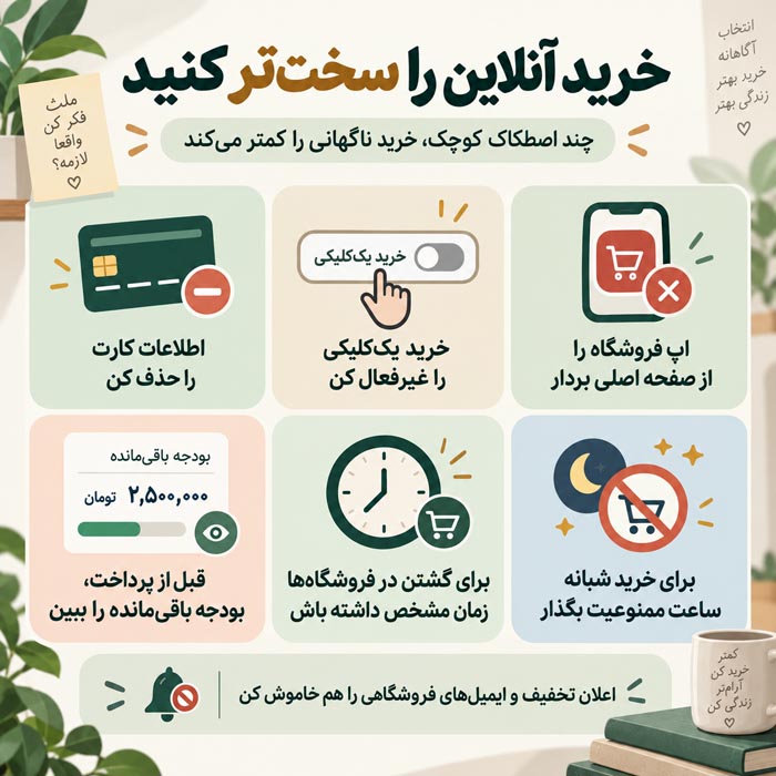چگونه جلوی ولخرجی را بگیریم؟ ۲۵ راهکار عملی برای کنترل هزینهها و ترک خریدهای هیجانی 6 خرید آنلاین و ولخرجی