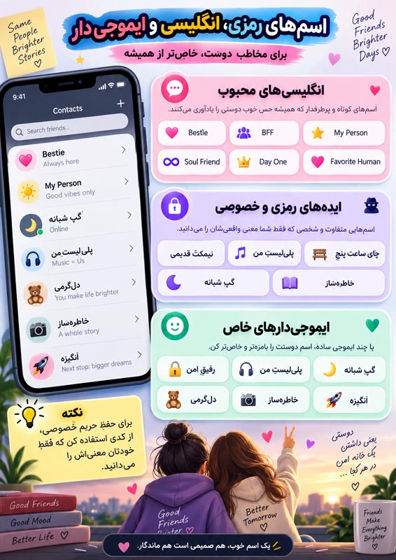 اسم رفیقمو چی سیو کنم؟ ۳۰۰ اسم خاص، بامزه و صمیمی برای دوست دختر و پسر 3 اسم رفیقمو چی سیو کنم؟ ۳۰۰ اسم خاص، بامزه و صمیمی برای دوست دختر و پسر