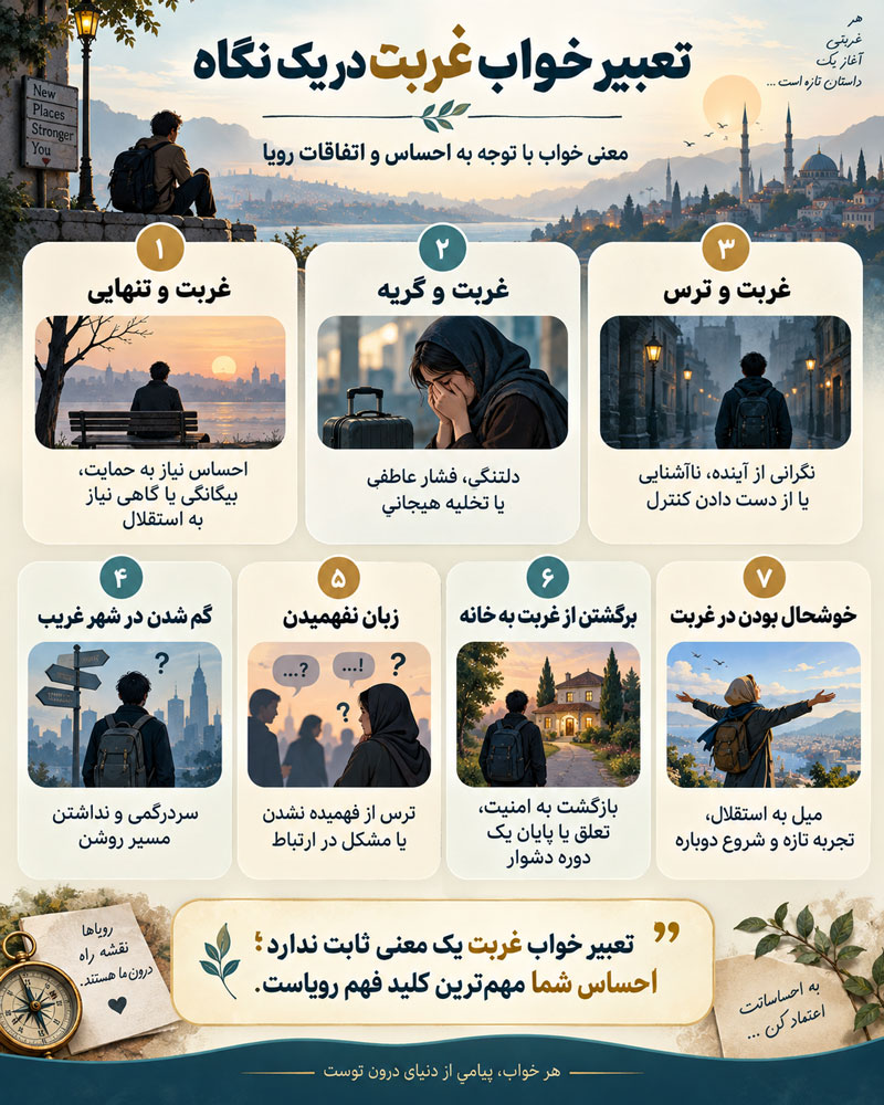 تعبیر خواب غربت؛ معنی دوری از وطن، مهاجرت، تنهایی و بازگشت به خانه 2 تعبیر خواب غربت؛ معنی دوری از وطن، مهاجرت، تنهایی و بازگشت به خانه