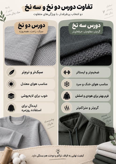 هودی و دورس چه فرقی دارند؟ مقایسه جنس، مدل، گرما و کاربرد 6 تفاوت دورس دو نخ و سه نخ