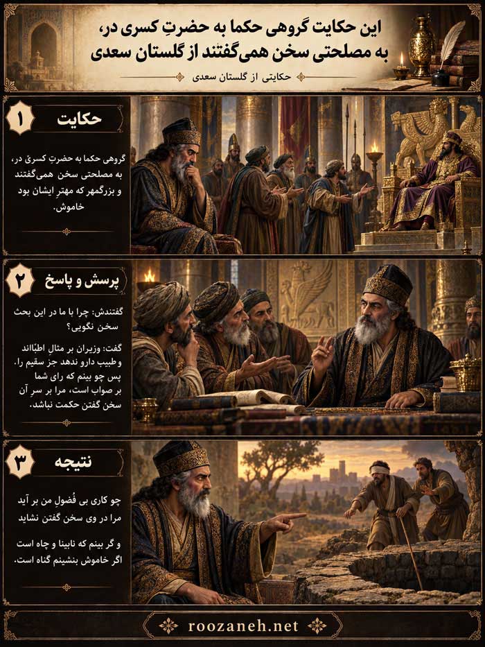 حکایت گروهی حکما به حضرتِ کسری در، به مصلحتی سخن همی گفتند از گلستان سعدی 2 تحلیل عمیقتر