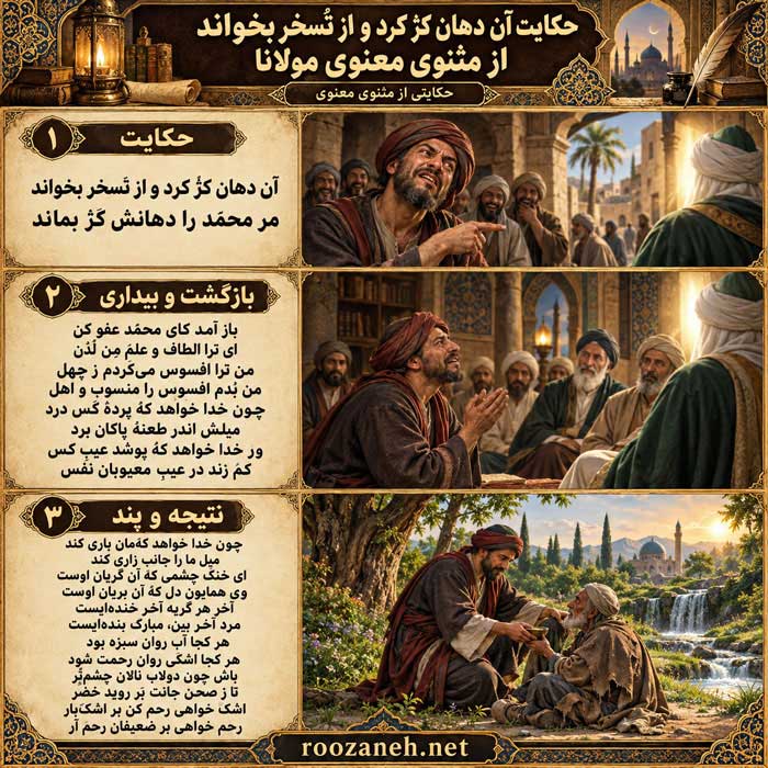 حکایت آن دهان کژ کرد و از تَسخر بخواند از مثنوی معنوی مولانا به همراه تفسیر و نثر ساده 2 تفسیر و نثر ساده این حکایت