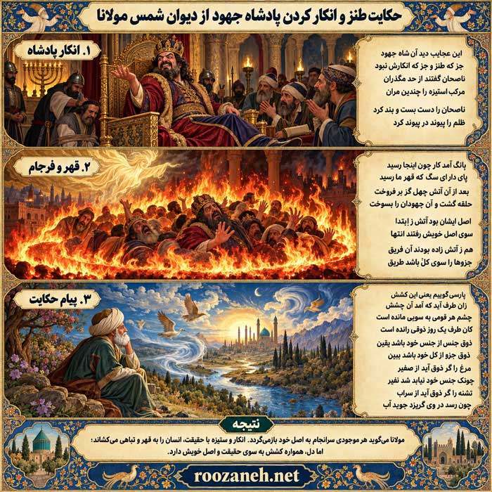 حکایت طنز و انکار کردن پادشاه جهود از دیوان شمس مولانا + تفسیر 2 تفسیر این شعر