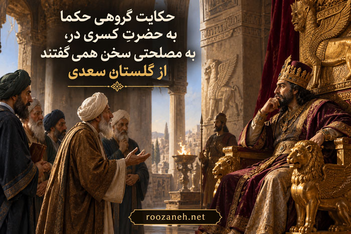 حکایت گروهی حکما به حضرتِ کسری در، به مصلحتی سخن همی گفتند از گلستان سعدی 1 حکایت گروهی حکما به حضرتِ کسری در، به مصلحتی سخن همی گفتند از گلستان سعدی