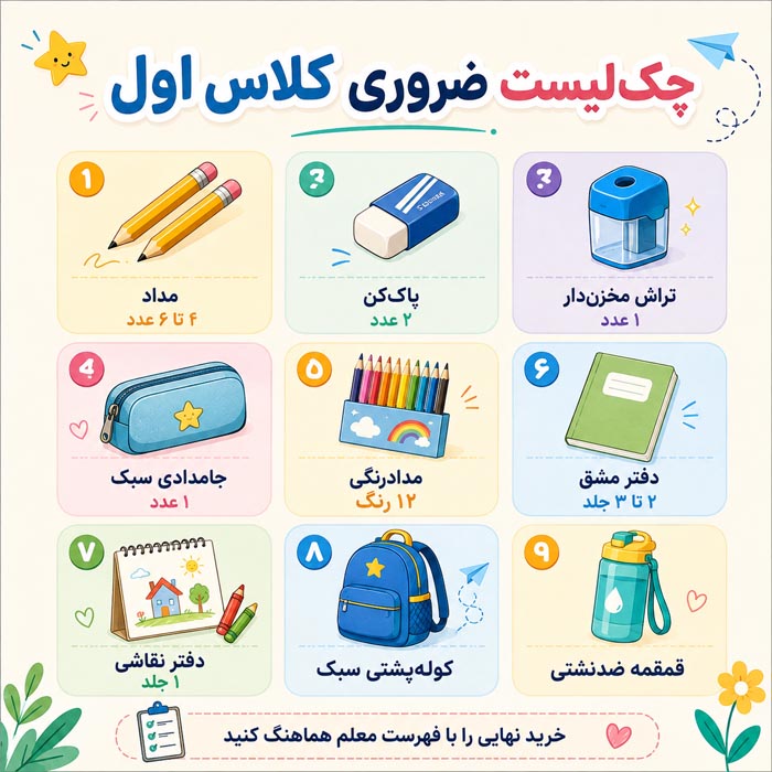 چک لیست ضروری کلاس اول
