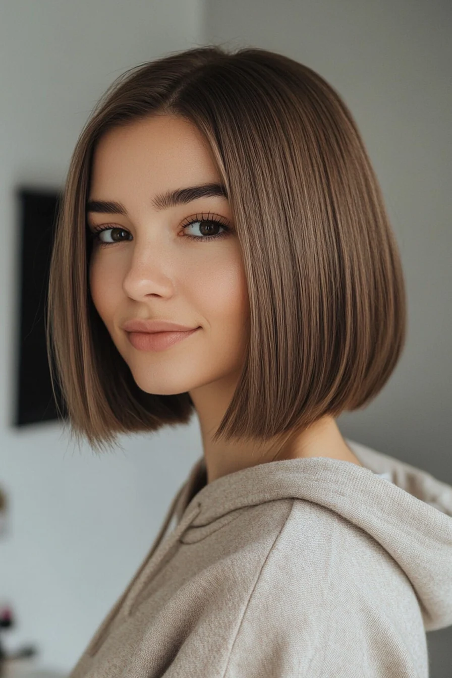 مدل لوب قهوه‌ای صاف بدون چتری و با فرق وسط