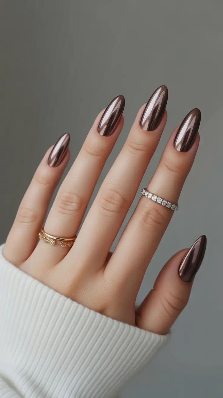 لاک ژل آیس موکا؛ ۴۷ مدل شکلاتی، روشن، تیره و پولکدار برای ناخن شیک 35 مدل ناخن موکا روی فرم بادامی