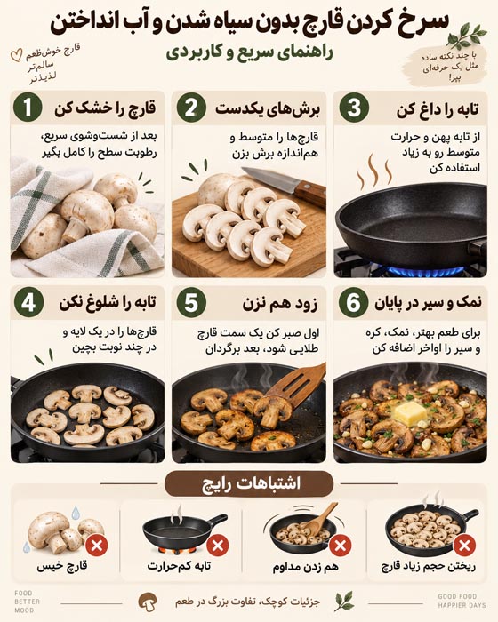 بهترین روش سرخ کردن قارچ؛ چگونه قارچ را سرخ کنیم که سیاه و آبکی نشود؟ 3 قارچ طلایی و تفت داده شده در تابه داغ