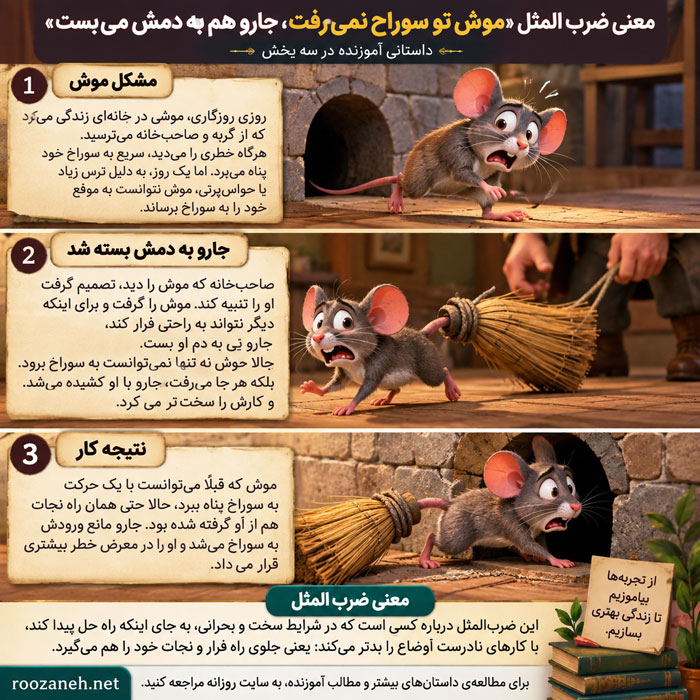 معنی ضرب المقل موش تو سوراخ نمیرفت، جارو هم به دمش میبست (داستان و معنوی لغوی) 2 ریشه و داستان