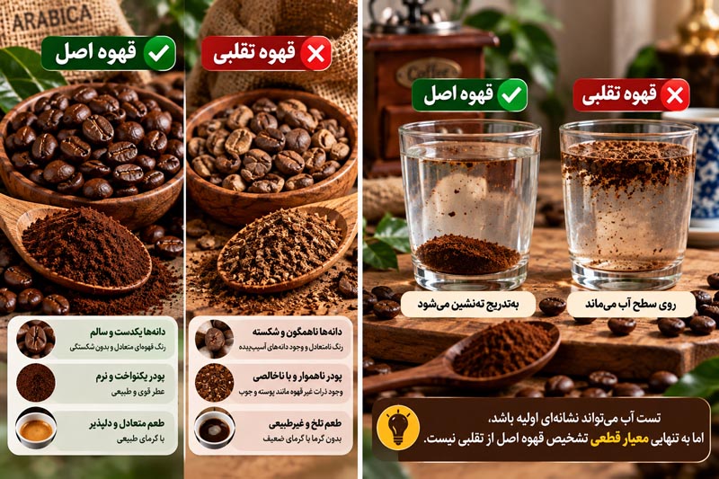 تشخیص قهوه اصل از تقلبی؛ راهنمای بررسی دانه، پودر و قهوه فوری 3 مقایسه تصویری دو نمونه دانه و پودر قهوه و رفتار پودر در آب؛ تست آب بهتنهایی اصالت قهوه را مشخص نمیکند
