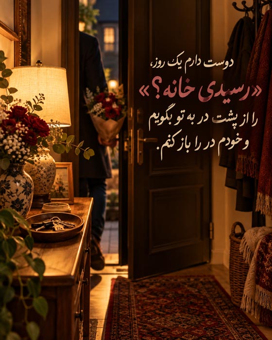 متن عاشقانه برای آیندهای که هنوز نساختهایم؛ ۸۰ متن درباره خانه و زندگی دونفره 4 عکسنوشته عاشقانه رسیدی خانه با نمای در ورودی و دستهگل در فضایی گرم و صمیمی