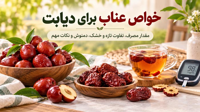 خواص عناب برای دیابت؛ مقدار مصرف و نکات مهم قند خو 1 کاور خواص عناب برای دیابت با عناب تازه و خشک، فنجان دمنوش و دستگاه اندازهگیری قند خون