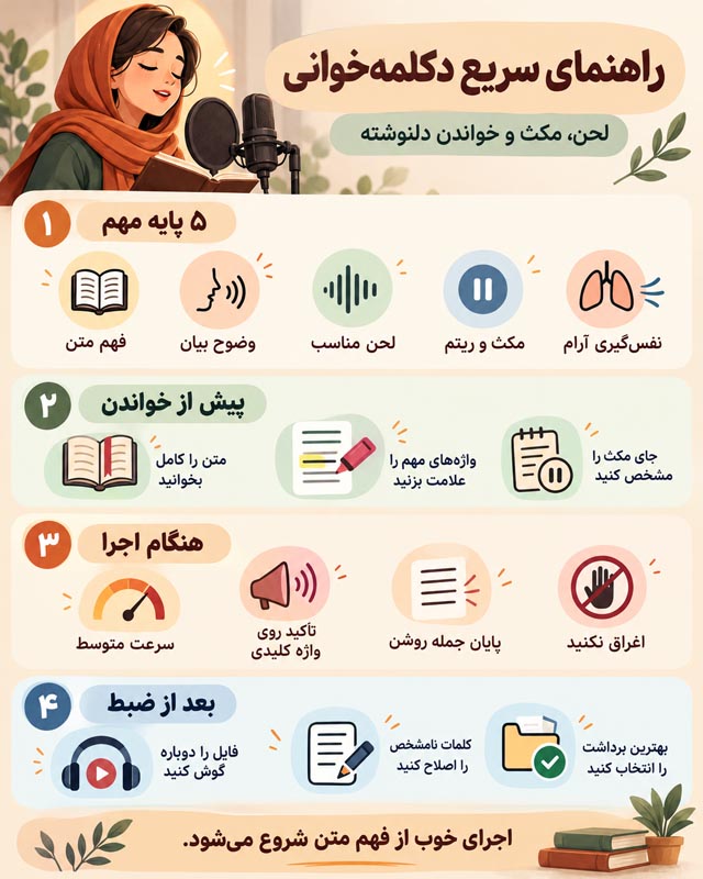 دکلمهخوانی چیست؟ راهنمای خواندن دلنوشته با لحن و مکث مناسب 3 آموزش نکات اجرایی و ضبط دکلمهخوانی با صدای واضح و لحن مناسب