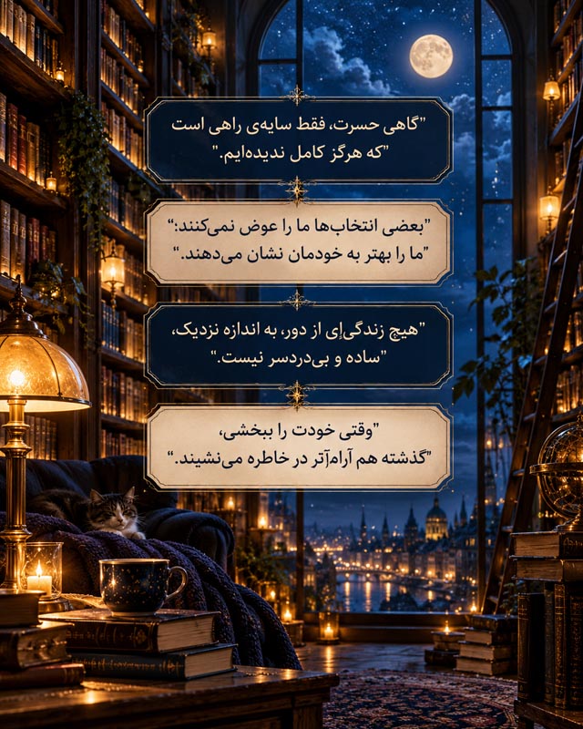 عکس‌نوشته با مضمون حسرت انتخاب‌های گذشته در داستان کتابخانه نیمه‌شب