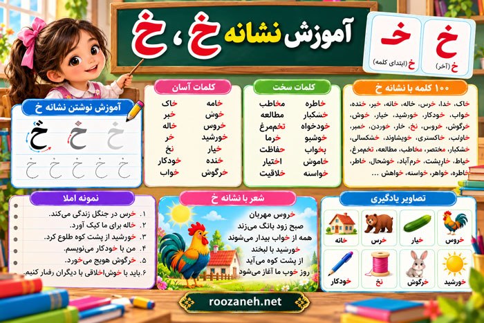 ۱۰۰ کلمه سخت و آسان با حرف (خـ، خ) برای کلاس اول دبستان؛ املا، سرمشق و آموزش نشانه خ 1 ۱۰۰ کلمه سخت و آسان با حرف (خـ، خ) برای کلاس اول دبستان؛ املا، سرمشق و آموزش نشانه خ