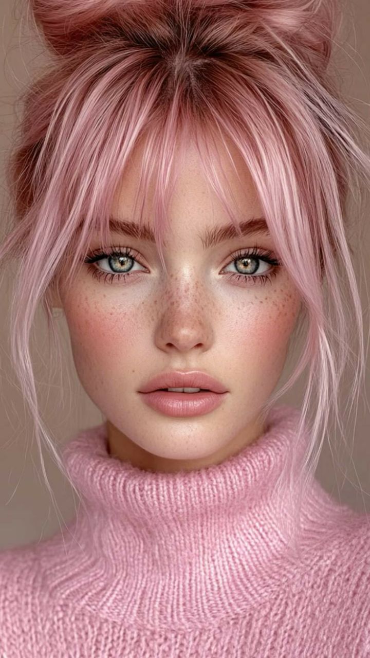 موی صورتی روشن جمع‌شده با دو دسته چتری بلند کنار صورت