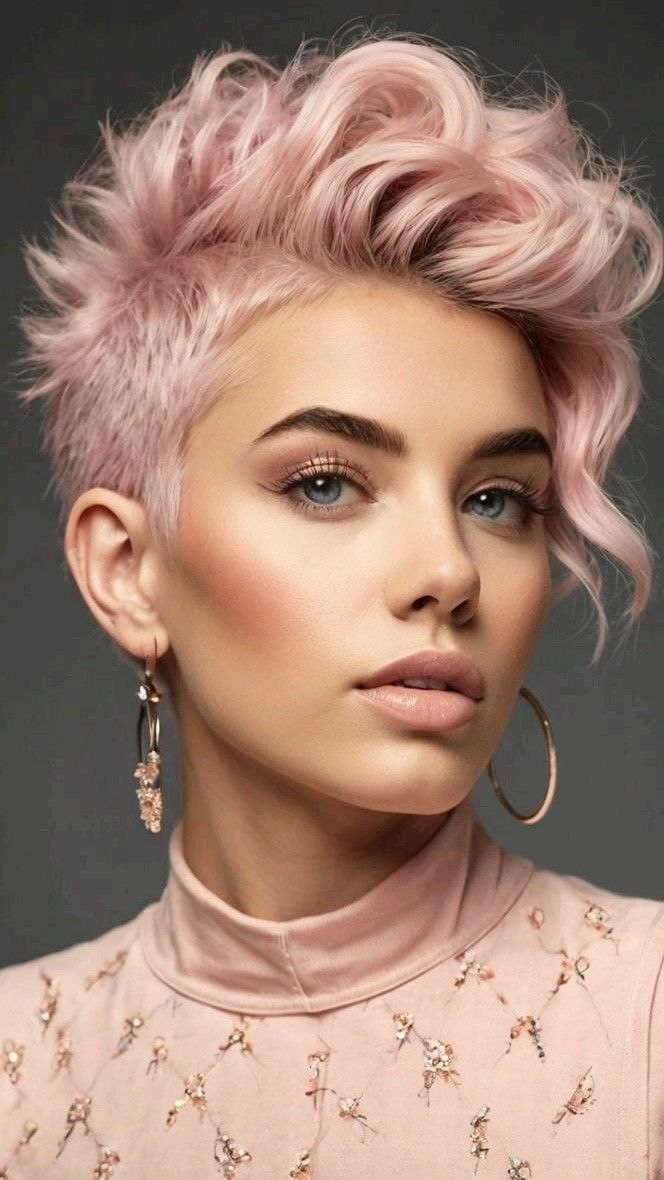 مدل پیکسی صورتی ملایم با کناره‌های کوتاه و چتری رو به بالا