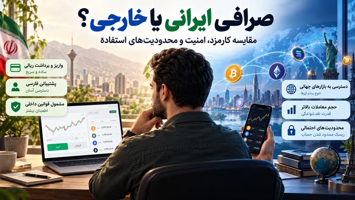 صرافی ایرانی یا خارجی؟ مقایسه کارمزد، امنیت و محدودیتهای استفاده 1 صرافی ایرانی یا خارجی؛ مقایسه کارمزد، امنیت و محدودیتهای استفاده