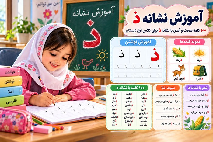 کلمات سخت و آسان با نشانه ذ برای کلاس اول دبستان؛ املا، سرمشق و آموزش حرف ذ 1 کلمات سخت و آسان با نشانه ذ برای کلاس اول دبستان؛ املا، سرمشق و آموزش حرف ذ