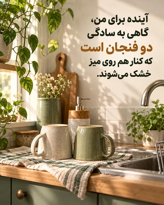 متن عاشقانه برای آیندهای که هنوز نساختهایم؛ ۸۰ متن درباره خانه و زندگی دونفره 7 عکسنوشته درباره دو فنجان آینده روی میز آشپزخانه مشترک و آرزوی زندگی دونفره