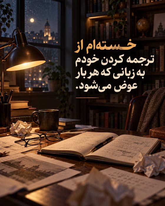 عکس نوشته خسته‌ام از ترجمه کردن خودم به زبانی که هر بار عوض می‌شود؛ دفتر و نوشته‌های پراکنده روی میز