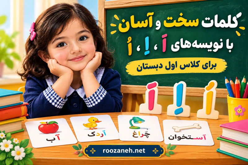 کلمات سخت و آسان با نویسههای اَ، اِ، اُ برای کلاس اول دبستان 1 کلمات سخت و آسان با نویسههای اَ، اِ، اُ برای کلاس اول دبستان