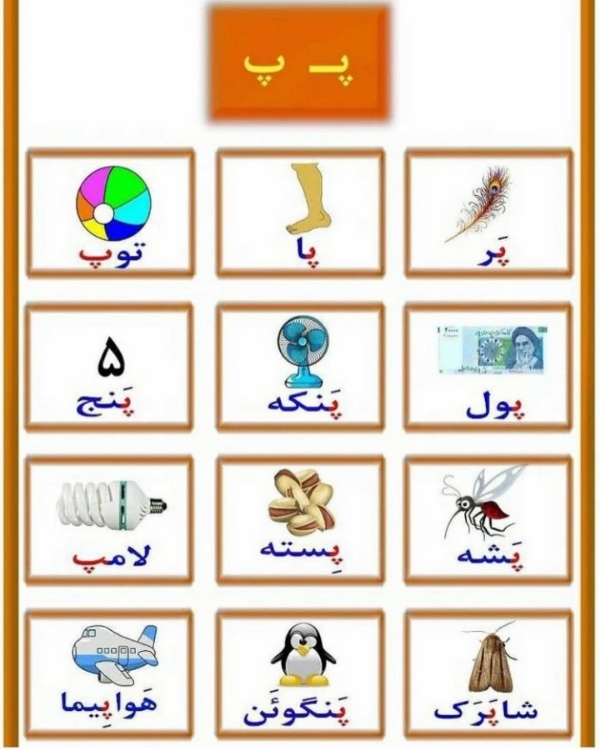 ۱۰۰ کلمه سخت و آسان با نشانه «پـ، پ» برای کلاس اول دبستان 2 حرف پ چیست؟