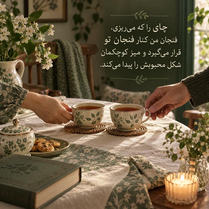 عکس نوشته عاشقانه درباره لذت چای خوردن و گفت‌وگوی دونفره