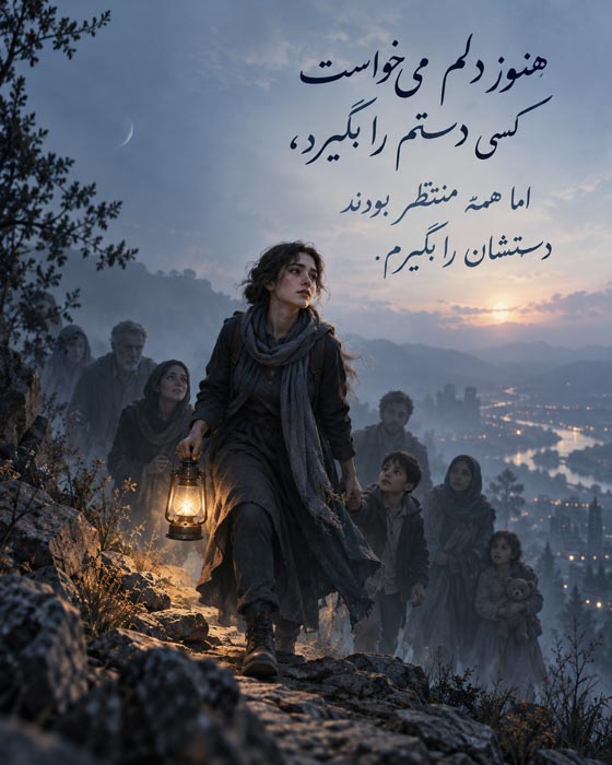 متن درباره بزرگ شدن وقتی هنوز برای زندگی آماده نبودی؛ ۱۲۰ جمله عمیق 2 زن جوان با فانوس در مسیر کوهستان و همراهانی پشت سر او؛ هنوز دلم میخواست کسی دستم را بگیرد