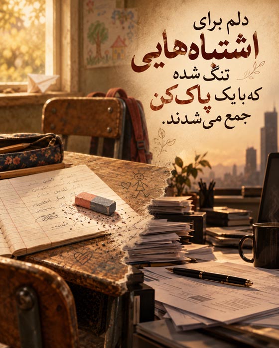 متن درباره بزرگ شدن وقتی هنوز برای زندگی آماده نبودی؛ ۱۲۰ جمله عمیق 6 میز و دفتر مدرسه با پاککن و جمله دلم برای اشتباههایی تنگ شده که با یک پاککن جمع میشدند