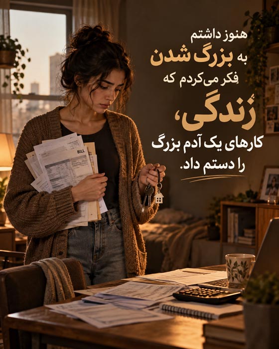 متن درباره بزرگ شدن وقتی هنوز برای زندگی آماده نبودی؛ ۱۲۰ جمله عمیق 5 زن جوان در خانه با قبضها و کلید در دست، نماد مسئولیتهای بزرگسالی پیش از آمادگی