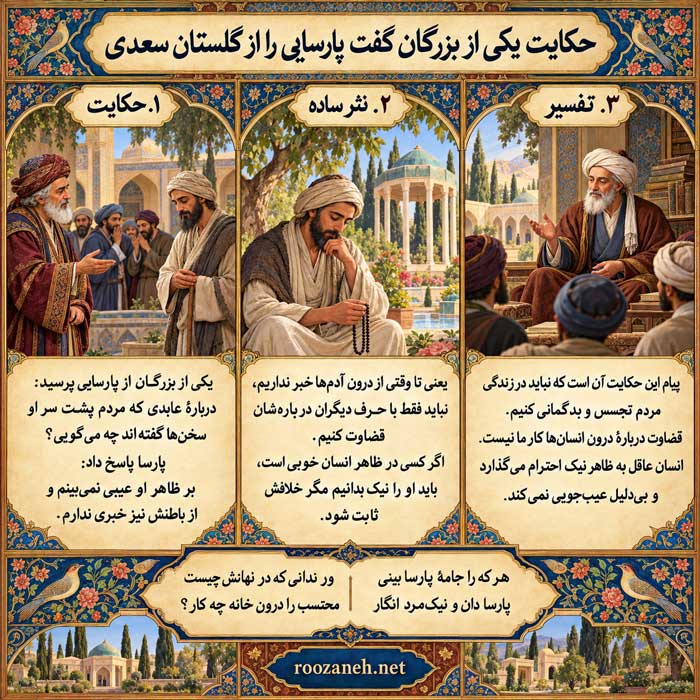 حکایت یکی از بزرگان گفت پارسایی را از گلستان سعدی به همراه تفسیر و نثر ساده 2 تفسیر حکایت سعدی