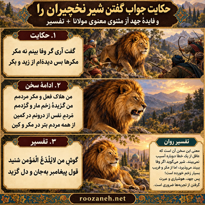 حکایت جواب گفتن شیر نخچیران را و فایدهٔ جهد گفتن از مثنوی معنوی مولانا + تفسیر 2 شخصیتها و نمادها
