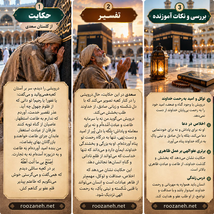 حکایت درویشی را دیدم، سر بر آستانِ کعبه همیمالید از گلستان سعدی به همراه تفسیر و بررسی 2 تفسیر حکایت سعدی