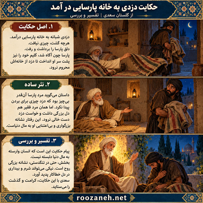 حکایت دزدی به خانه پارسایی در آمد از گلستان سعدی به همراه تفسیر و بررسی 2 تفسیر حکایت سعدی