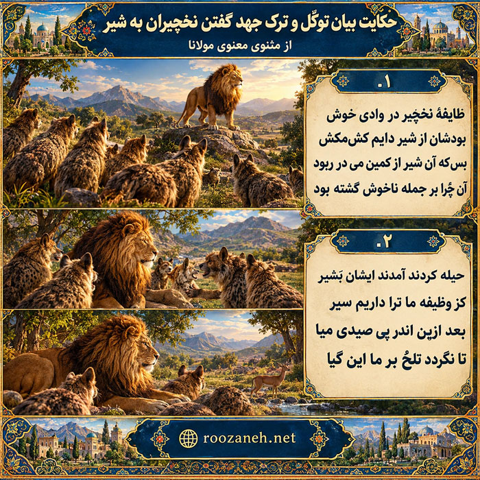 حکایت بیان توکّل و ترک جهد گفتن نخچیران به شیر از مثنوی معنوی مولانا + تفسیر و معنی عمیق 2 تفسیر و نثر ساده این حکایت