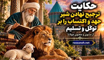 حکایت ترجیح نهادن شیر جهد و اکتساب را بر توکّل و تسلیم از مثنوی معنوی مولانا به همراه تفسیر و بررسی حکایت ترجیح نهادن شیر جهد و اکتساب