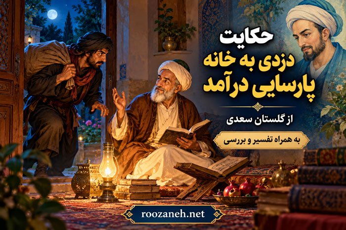 حکایت دزدی به خانه پارسایی در آمد از گلستان سعدی به همراه تفسیر و بررسی 1 حکایت دزدی به خانه پارسایی در آمد از گلستان سعدی به همراه تفسیر و بررسی