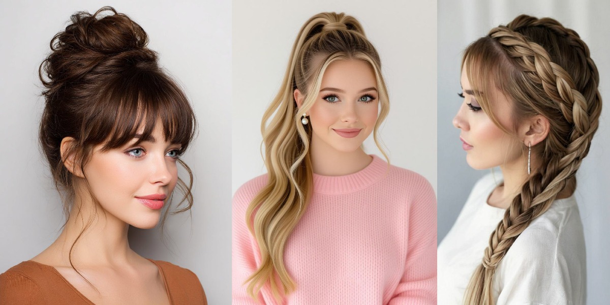 مدل مو دخترانه برای عروسی؛ ۴۶ تصویر جدید و راهنمای انتخاب و اجرا 3 مقایسه سه مدل مو شامل گوجهای با چتری، دماسبی موجدار و بافت کناری