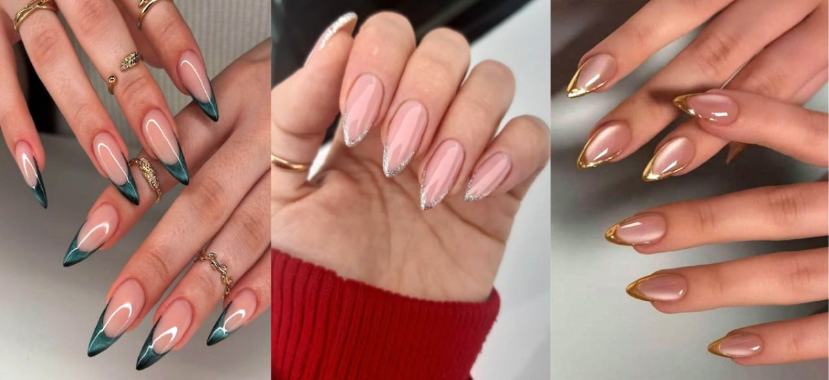 مجموعه سه طرح فرنچ براق با رنگ‌های سبز، صورتی و قهوه‌ای