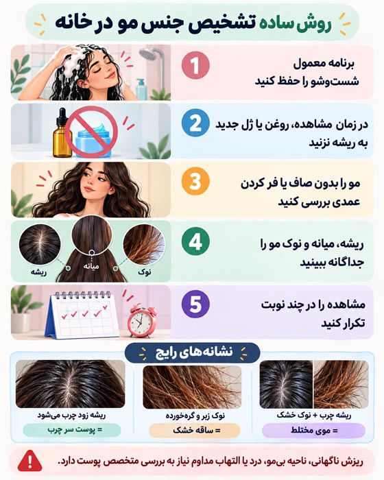 از کجا بفهمیم جنس موهایمان چیست؟ راهنمای کامل تشخیص جنس مو 2 اینفوگرافی پنج مرحله تشخیص جنس مو در خانه با بررسی ریشه، میانه و نوک مو
