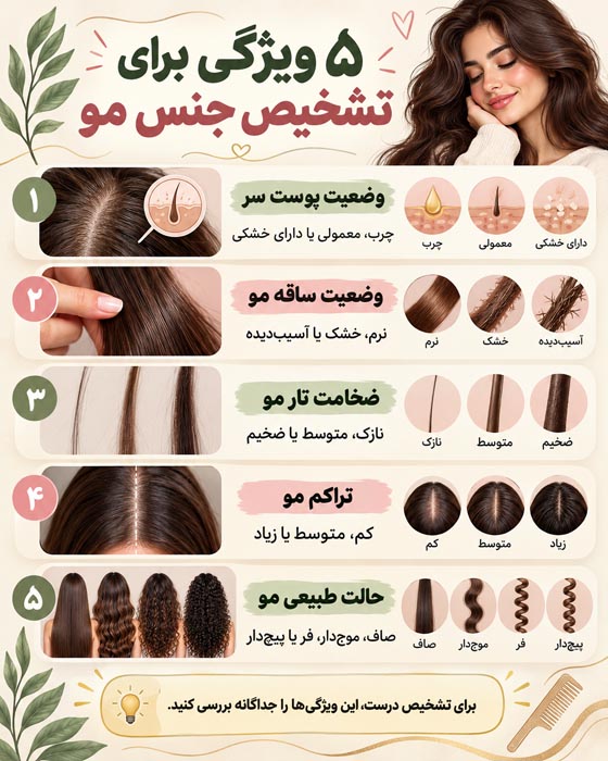 از کجا بفهمیم جنس موهایمان چیست؟ راهنمای کامل تشخیص جنس مو 4 اینفوگرافی پنج ویژگی برای تشخیص جنس مو شامل پوست سر، ساقه، ضخامت تار، تراکم و حالت طبیعی