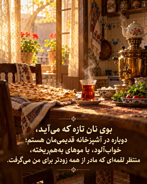 دلنوشته برای خانه کودکی؛ دلتنگی برای جایی که دیگر شبیه گذشته نیست 3 نان و چای در آشپزخانه قدیمی؛ عکسنوشته خاطره صبحهای کودکی