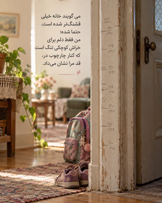 دلنوشته برای خانه کودکی؛ دلتنگی برای جایی که دیگر شبیه گذشته نیست 6 عکسنوشته دلتنگی برای خطهای قد کودکی روی چارچوب در خانه
