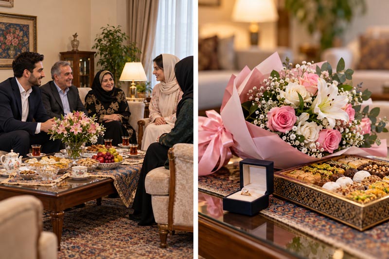 آداب خواستگاری؛ راهنمای کامل جلسه اول، پذیرایی و ۴۰ سؤال مهم 2 گل و شیرینی و هدیه مناسب برای جلسه اول خواستگاری