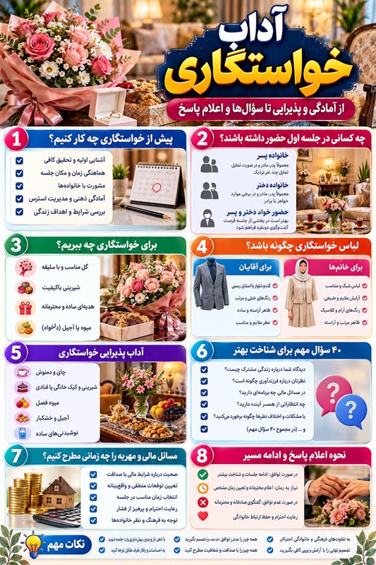 آداب خواستگاری؛ راهنمای کامل جلسه اول، پذیرایی و ۴۰ سؤال مهم 4 سؤالات مهم خواستگاری برای شناخت بهتر قبل از ازدواج