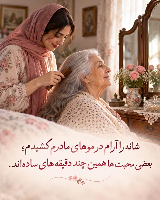 دلنوشته درباره پیر شدن پدر و مادر؛ وقتی ناگهان متوجه گذشت زمان میشویم 3 دختر در حال شانهکردن موهای سفید مادر؛ عکسنوشته محبت در لحظههای ساده