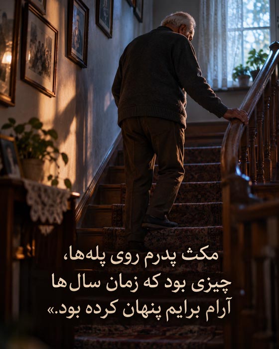 دلنوشته درباره پیر شدن پدر و مادر؛ وقتی ناگهان متوجه گذشت زمان میشویم 6 پدر در حال بالا رفتن از پله با تکیه به نرده؛ عکسنوشته پیر شدن پدر