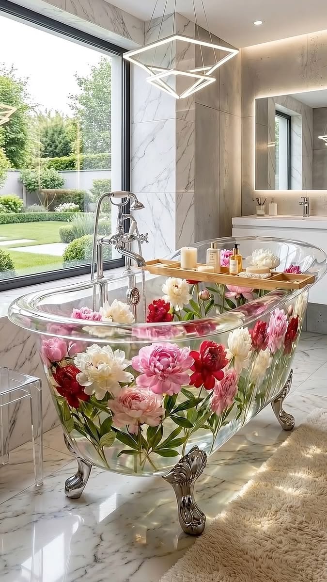 وان شیشهای حمام جدید؛ عکس مدلهای شفاف و رنگی و راهنمای انتخاب 5 وان شفاف پایهدار با جلوه گلهای رنگی در حمام روشن
