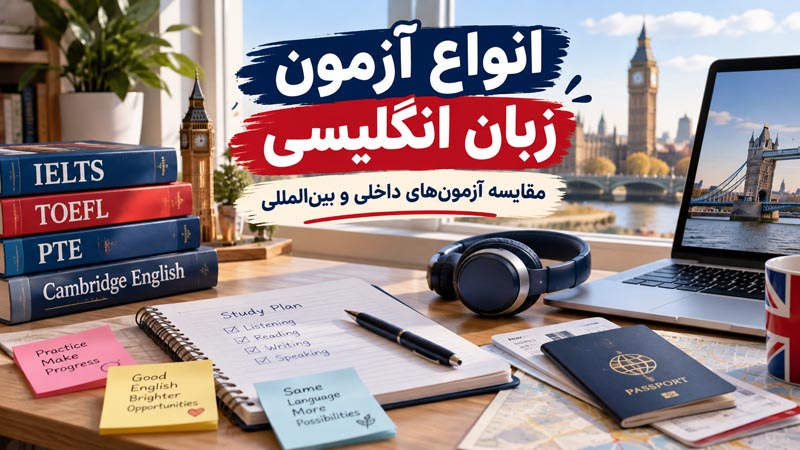 انواع آزمون زبان انگلیسی؛ مقایسه آزمونهای داخلی و بینالمللی 1 کاور انواع آزمون زبان انگلیسی با کتابهای آیلتس و تافل، لپتاپ و وسایل مطالعه